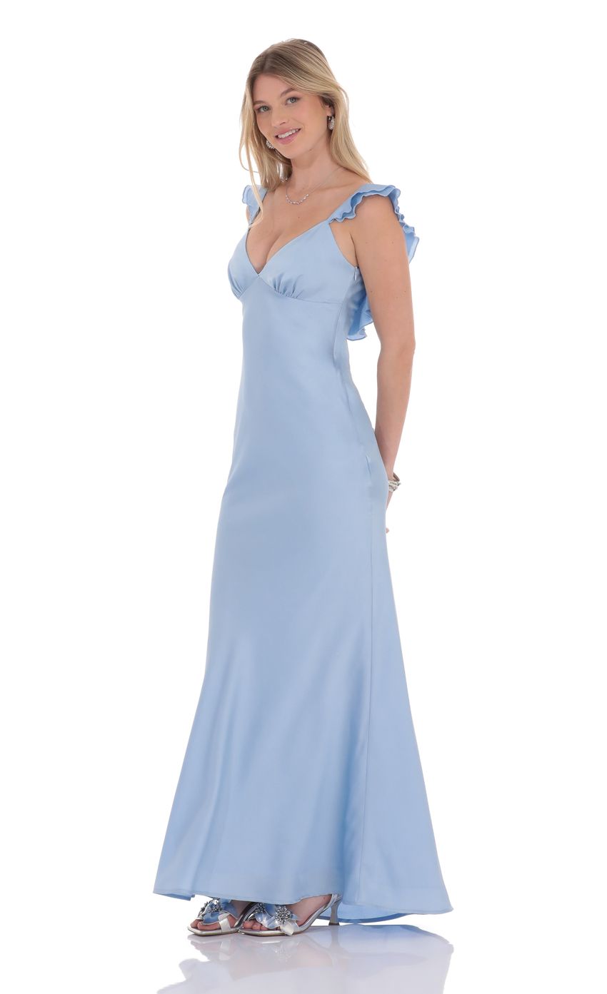 Lucy in the Sky Satin Ruffle Open Maxi Dress in Light Blue