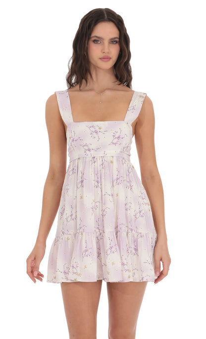 Lucy In The Sky Floral Babydoll Dress in Lavender Cream