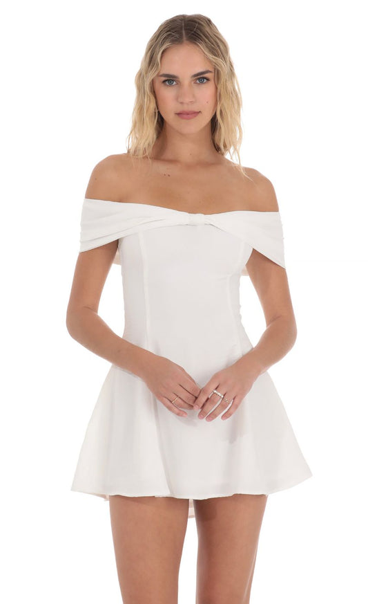 Lucy In The Sky Front Bow Off Shoulder Dress in White