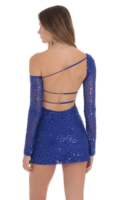 Lucy In The Sky Sequin Long Sleeve Off Shoulder Dress in Blue