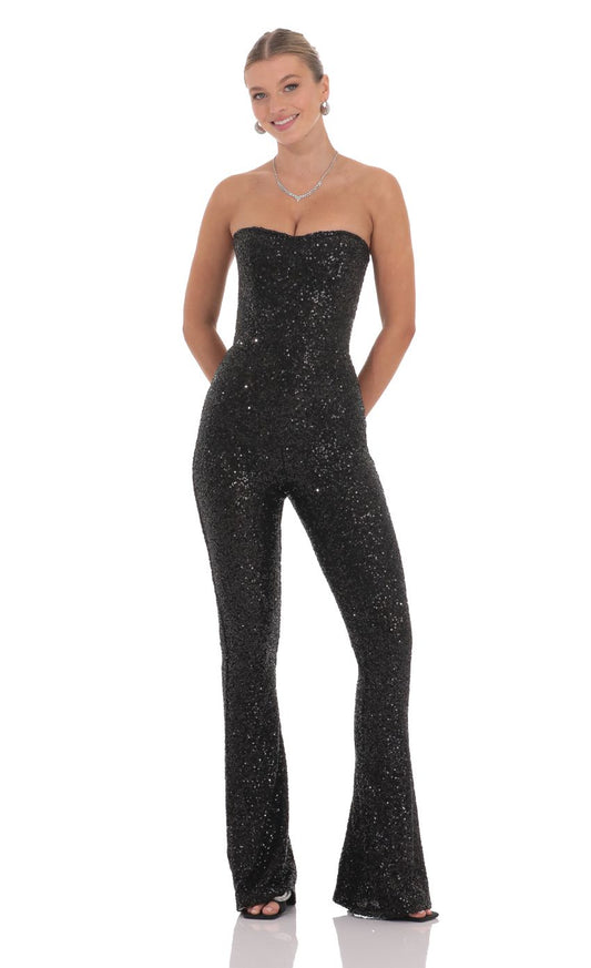 Lucy In The Sky Sequin Strapless Corset Jumpsuit in Black