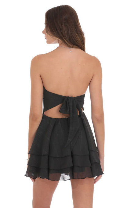 Lucy In The Sky Shimmer Striped Asymmetrical Dress in Black