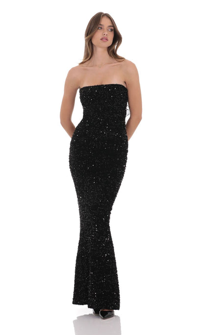 Lucy in the Sky Velvet Sequin Strapless Maxi Dress in Black