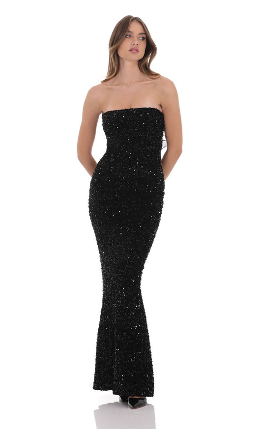 Lucy in the Sky Velvet Sequin Strapless Maxi Dress in Black