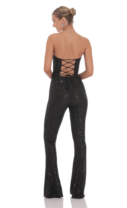 Lucy In The Sky Sequin Strapless Corset Jumpsuit in Black