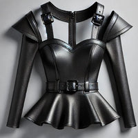 Ursime PU Leather Cold Shoulder Peplum Belt Blouse