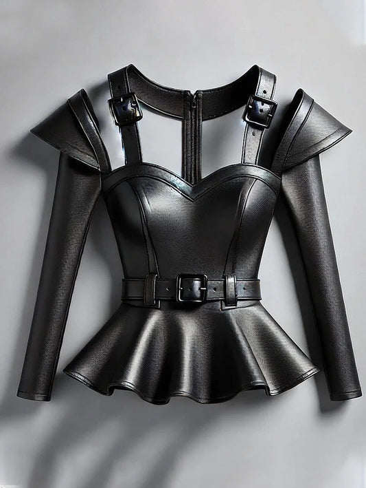 Ursime PU Leather Cold Shoulder Peplum Belt Blouse