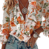 Ursime Casual Floral Ruffle Trim V Neck Long Sleeve Blouse