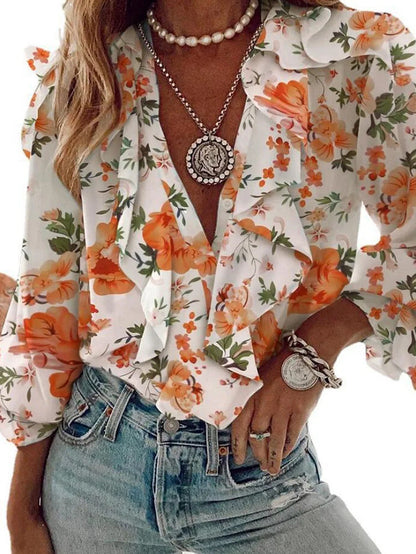 Ursime Casual Floral Ruffle Trim V Neck Long Sleeve Blouse