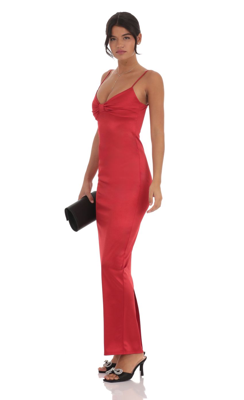 Lucy In The Sky Satin Front Bow Maxi Dress in Red