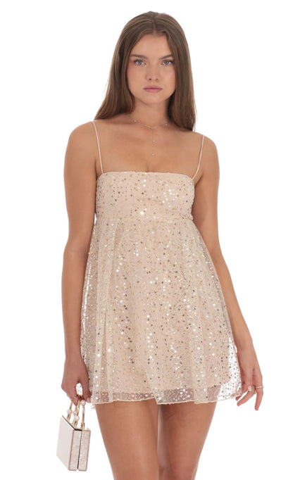 Lucy In The Sky Sequin Baby Doll Dress in Beige