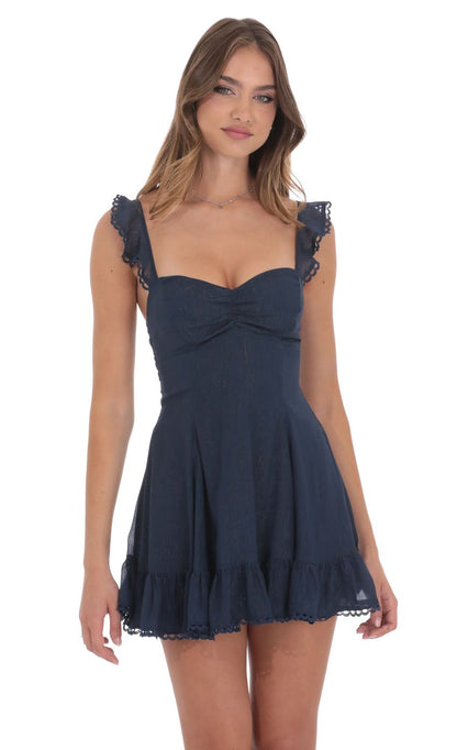 Lucy In The Sky Shimmer Ruffle Fit and Flare Dress in Navy