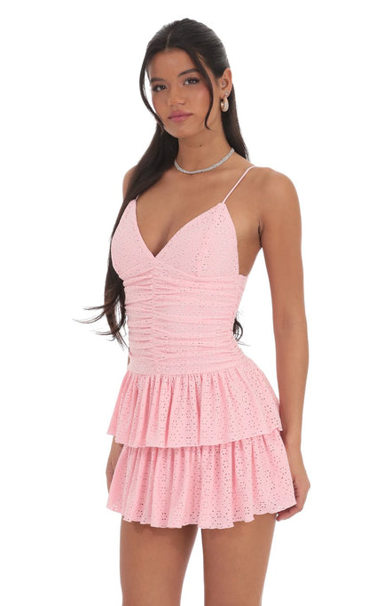 Lucy In The Sky Ruched Ruffle Eyelet Dress in Pink