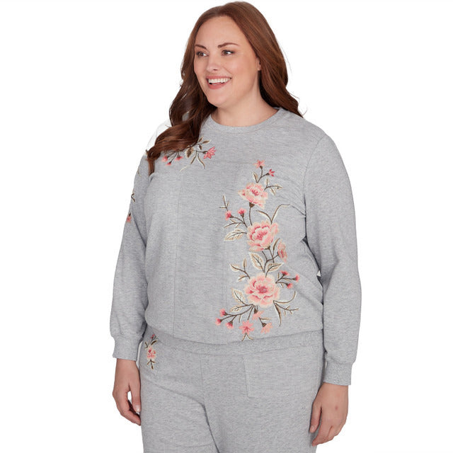 Alfred Dunner Women's Cozy Floral Embroidered Long Sleeve Top