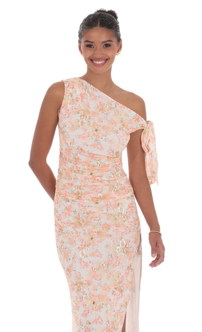 Lucy In The Sky Floral Shimmer Off Shoulder Maxi Dress in Peach