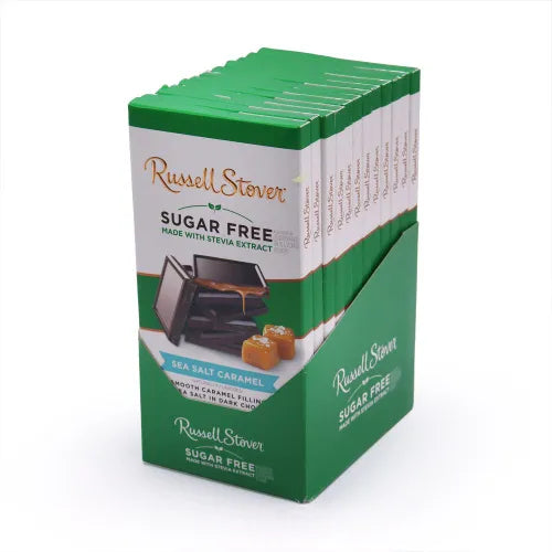 Russell Stover Chocolates Sugar Free Dark Chocolate Candy Sea Salt Caramel 3 oz. Bar, case of 12