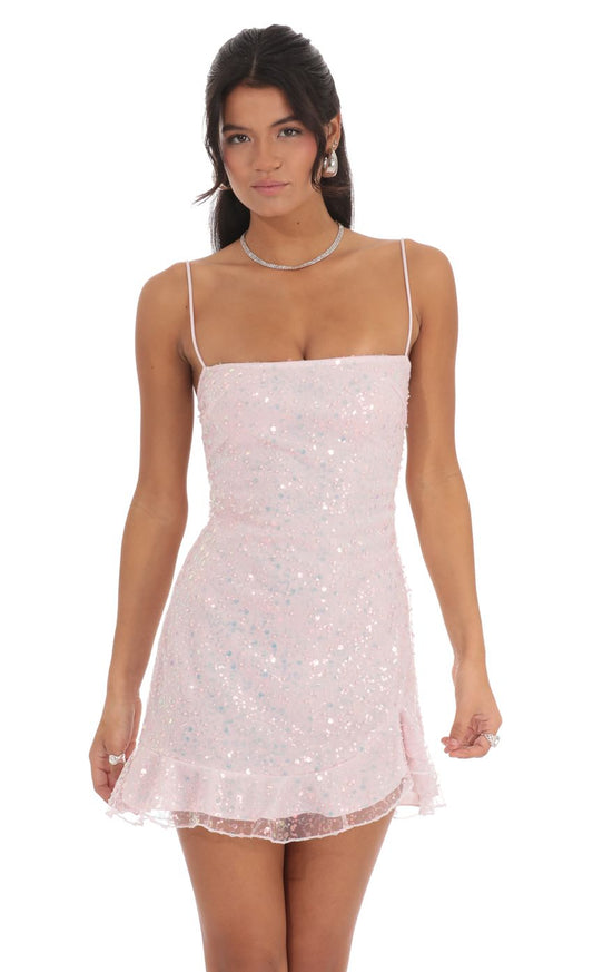 Lucy In The Sky Sequin Ruffle Dress in Pale pale Pink