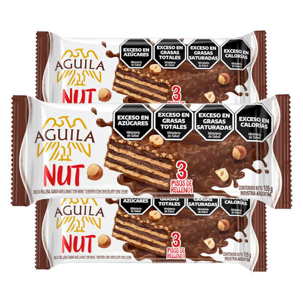 Pampa Direct Águila Nut Wafer Hazelnut Peanut Filling Milk Chocolate Coated 3 Layers, 105 g / 3.7 oz (pack of 3)