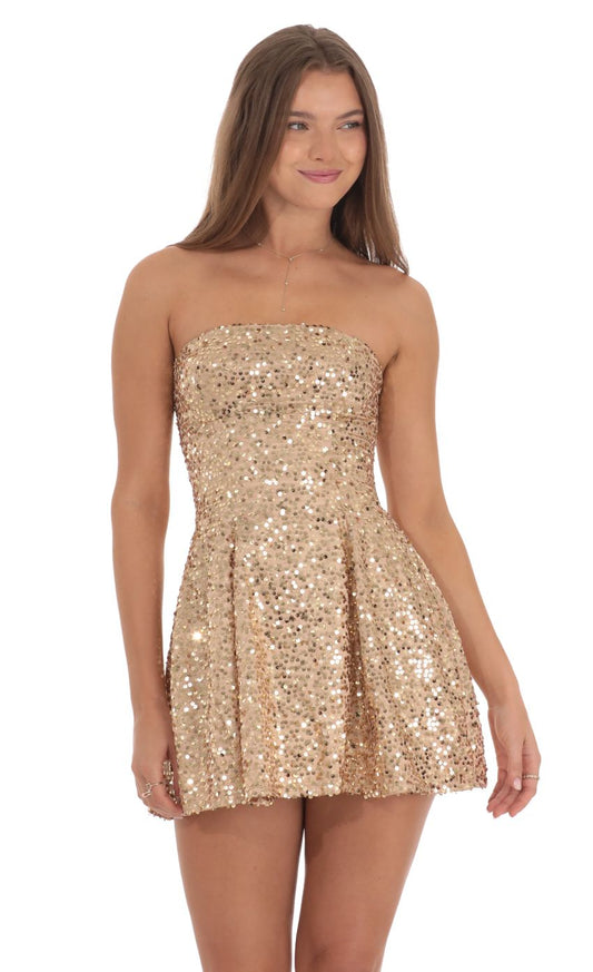 Lucy In The Sky Sequin Strapless Fit and Flare Dress in Gold
