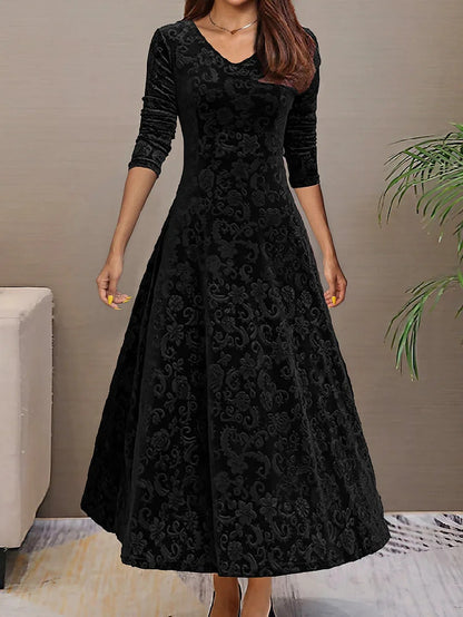 Ursime Elegant Velvet Jacquard V Neck Long Sleeve Midi Dress