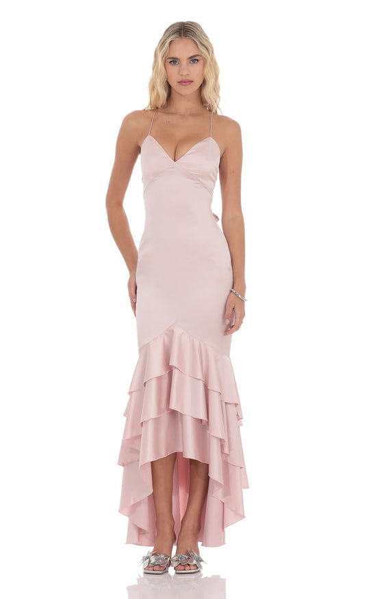 Lucy In The Sky Satin Ruffle Fishtail Maxi Dress in Pink