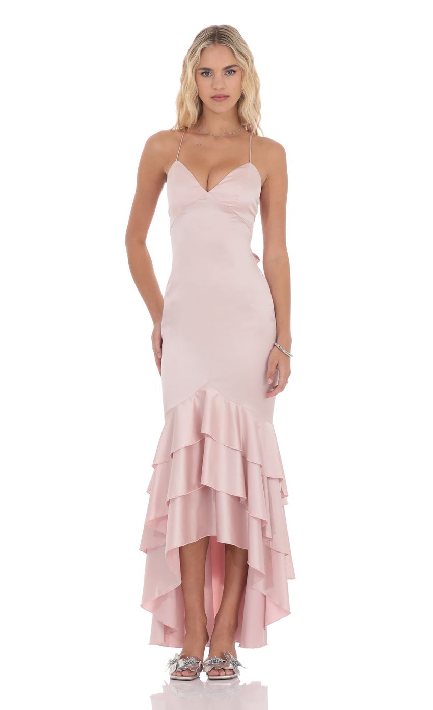Lucy In The Sky Satin Ruffle Fishtail Maxi Dress in Pink
