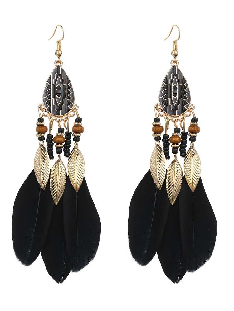 Ursime Retro Feather Decor Beaded Dangle Earrings