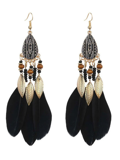 Ursime Retro Feather Decor Beaded Dangle Earrings