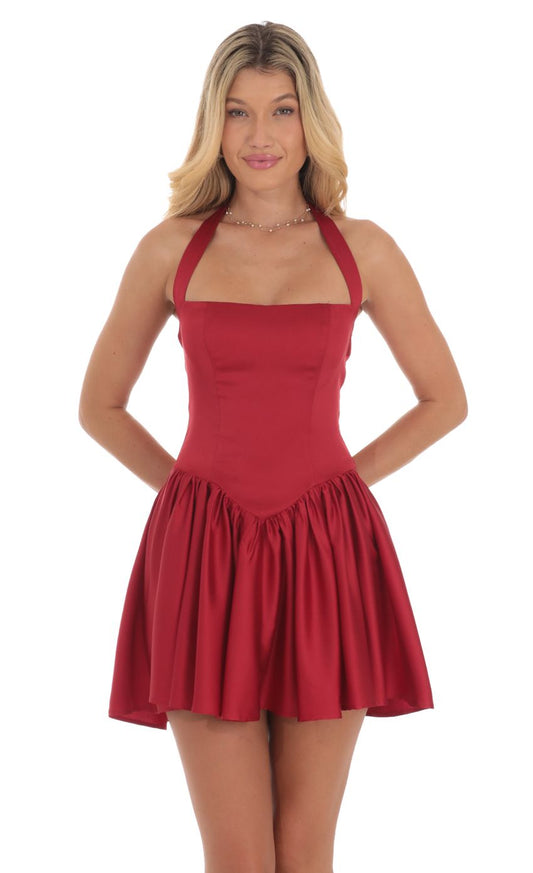 Lucy In The Sky Satin Halter A-line Dress in Red