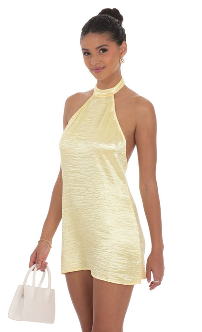 Lucy In The Sky Satin Halter Shift Dress in Yellow
