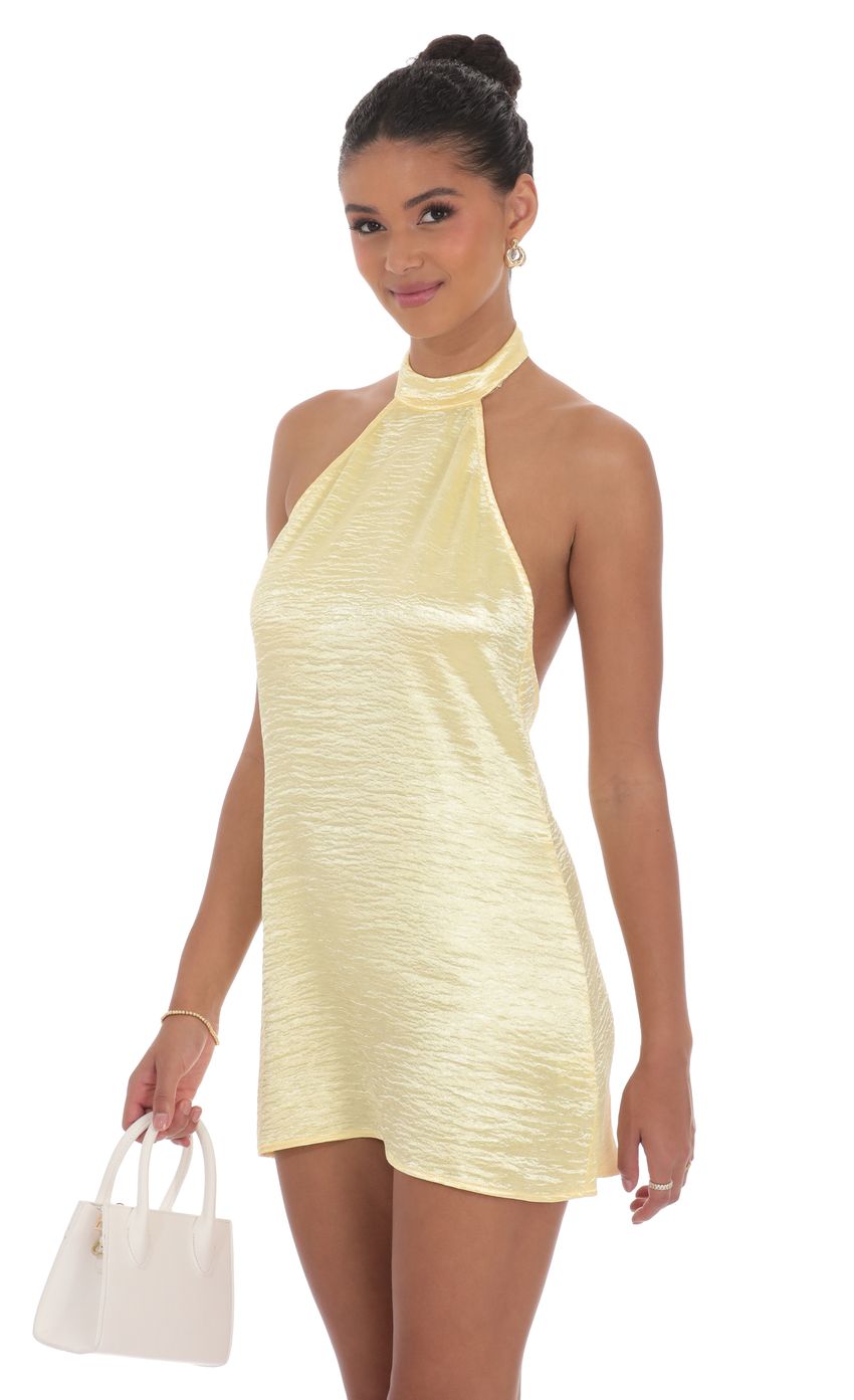 Lucy In The Sky Satin Halter Shift Dress in Yellow
