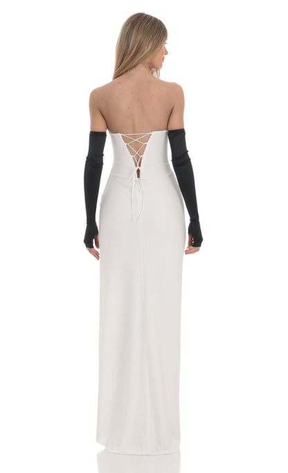 Lucy in the Sky Satin Glove Strapless Corset Maxi Dress in White