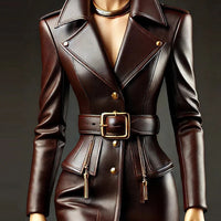 Ursime PU Leather Lapel Button Long Sleeve Belt Mini Dress