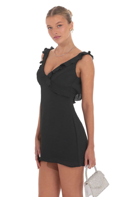 Lucy In The Sky Ruffle V-Neck Dress in Black