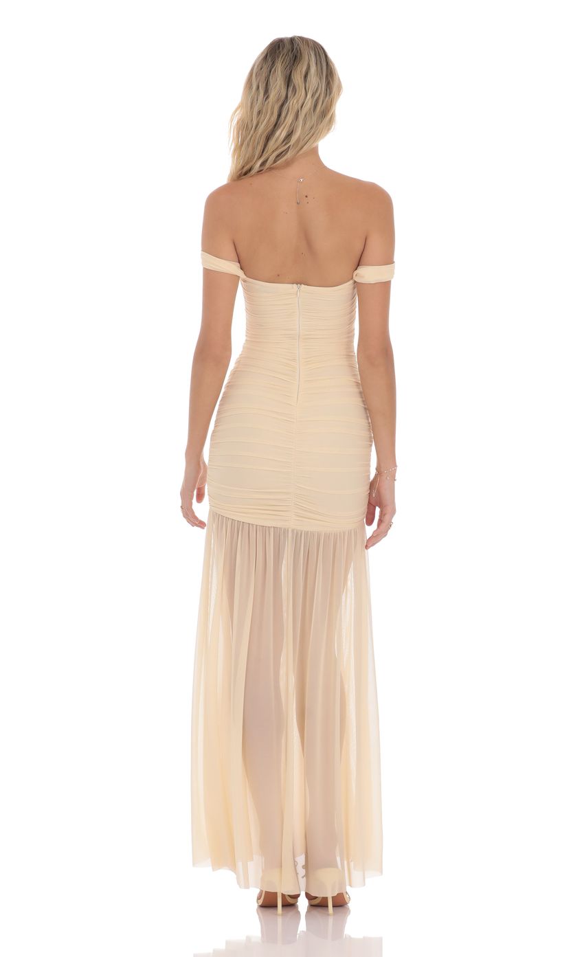 Lucy In The Sky Mesh Off Shoulder Ruched Maxi Dress in Beige