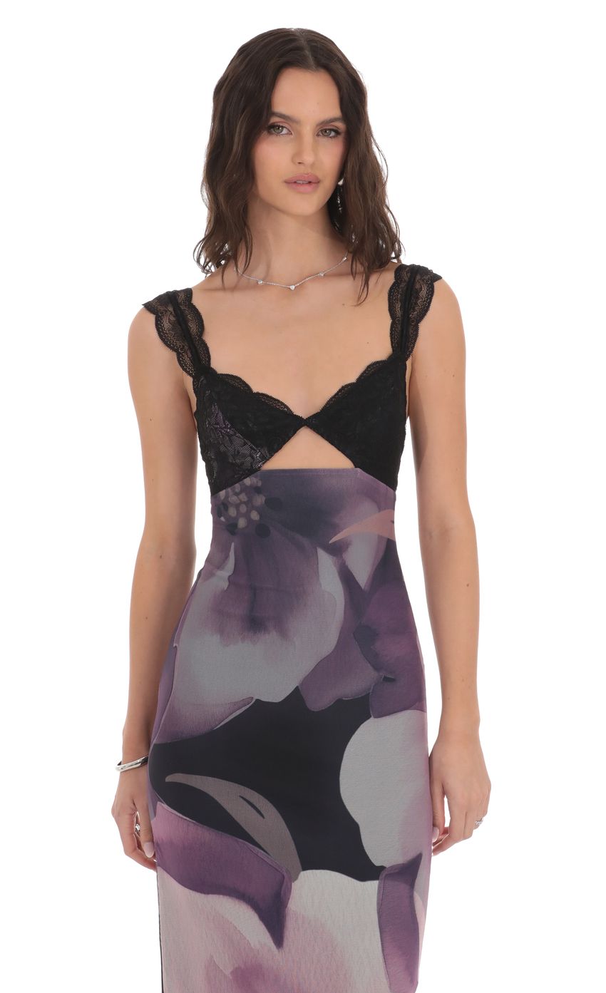 Lucy In The Sky Cutout Lace Floral Maxi Dress in Purple