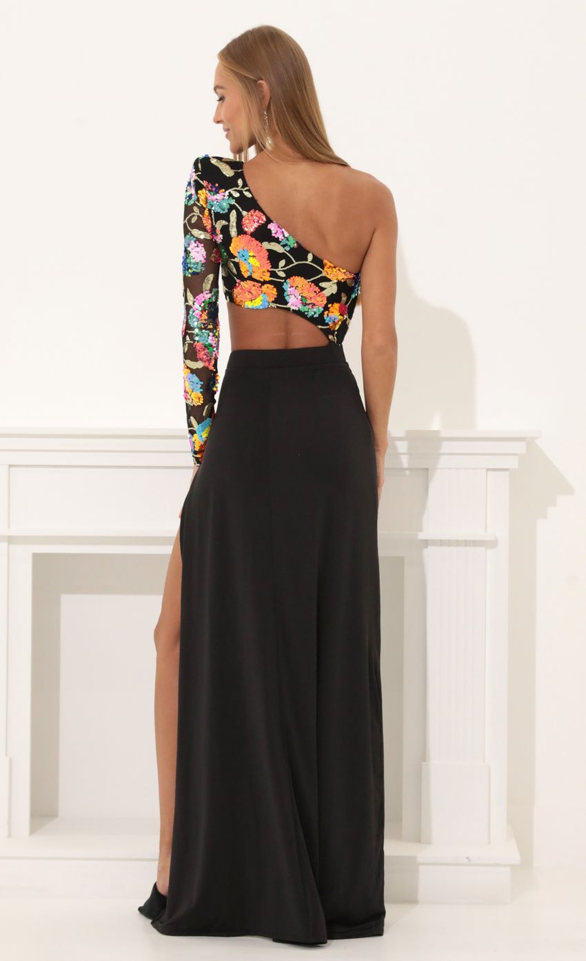 Lucy In The Sky One Shoulder Sequin Maxi Dress in Black