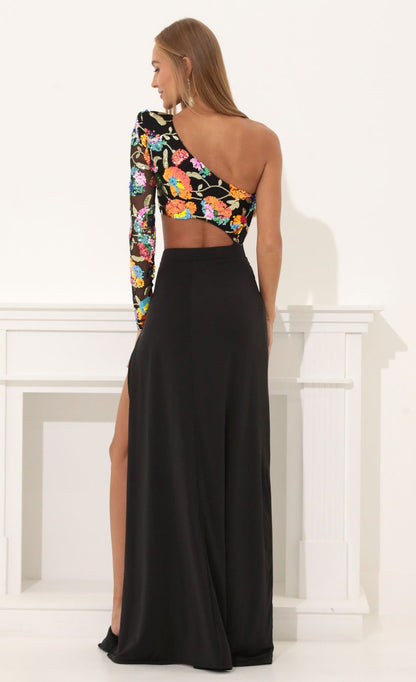 Lucy In The Sky One Shoulder Sequin Maxi Dress in Black