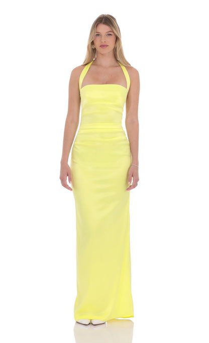 Lucy In The Sky Satin Halter Maxi Dress in Yellow