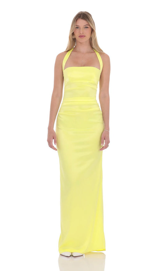 Lucy In The Sky Satin Halter Maxi Dress in Yellow