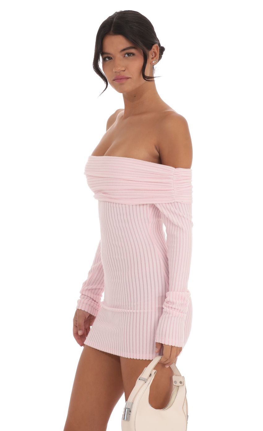 Lucy in the Sky Ribbed Off Shoulder Open Back Dress in Pink