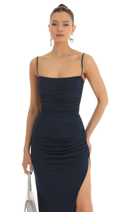 Lucy In The Sky Rhinestone Strap Maxi Dress in Navy