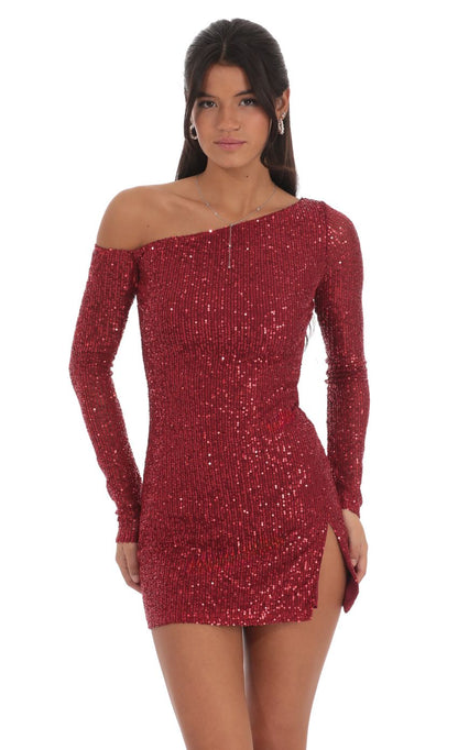 Lucy In The Sky Sequin One Off Shoulder Bodycon Dress in Red