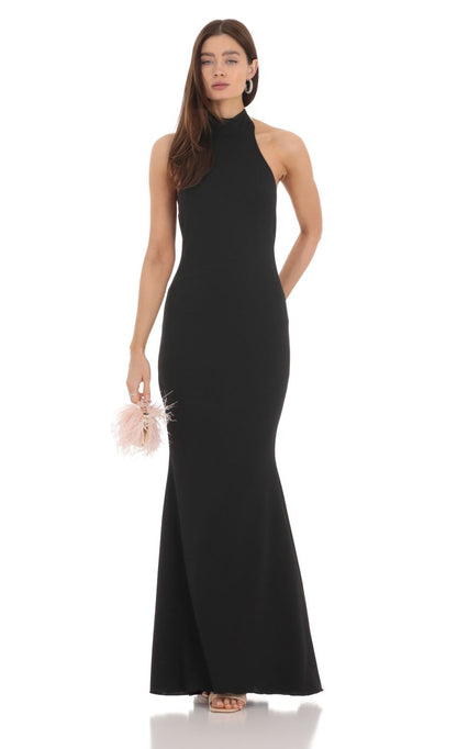 Lucy in the Sky Mock Neck Bow Maxi Dress in Black