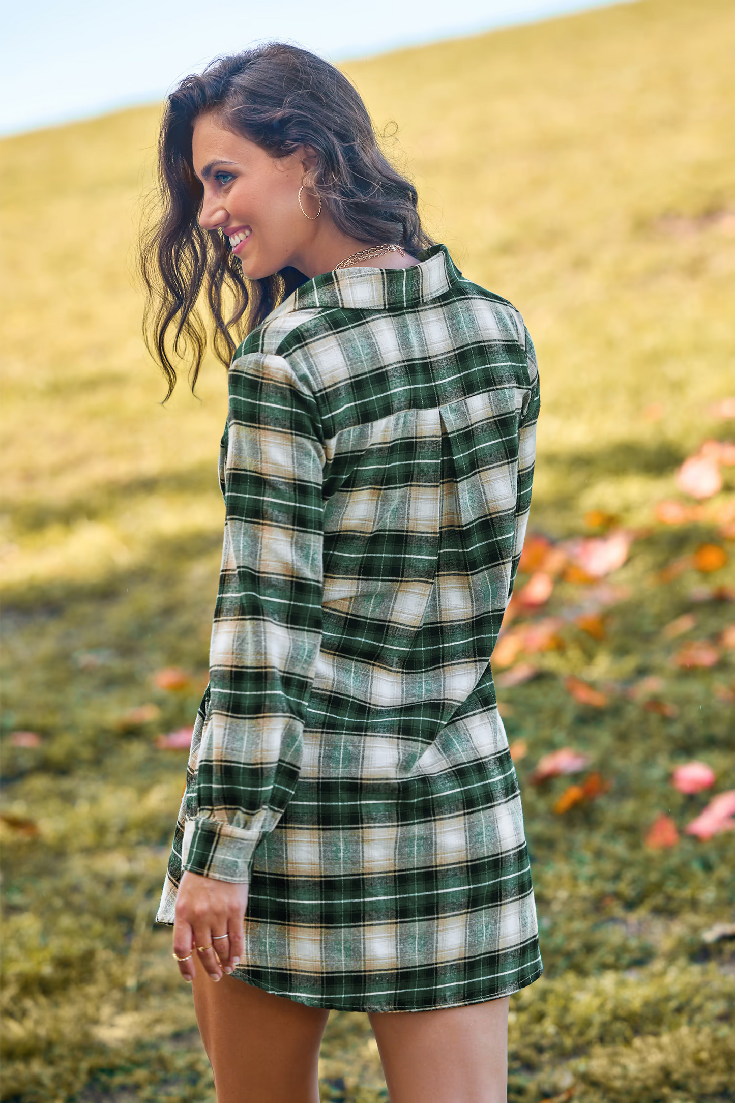 Cupshe Green Plaid Front Button Mini Shirt Dress