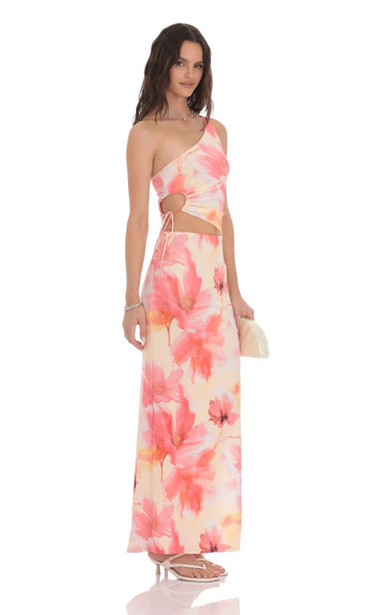 Lucy In The Sky Floral One Shoulder Cutout Maxi Dress in Orange