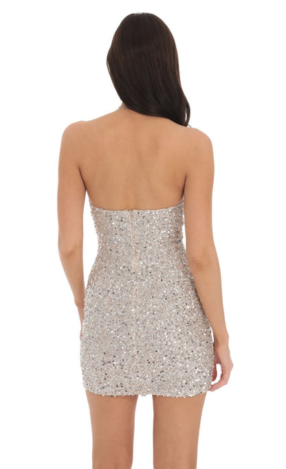 Lucy In The Sky Sequin Strapless Bodycon Dress in Silver