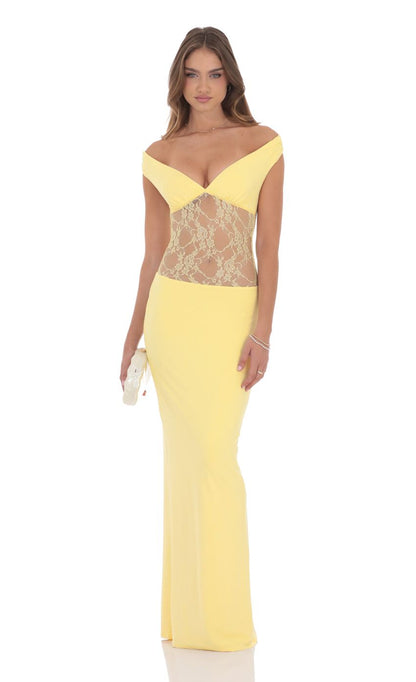 Lucy In The Sky Off Shoulder Lace Cutout Maxi Dress in Yellow