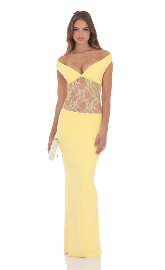 Lucy In The Sky Off Shoulder Lace Cutout Maxi Dress in Yellow