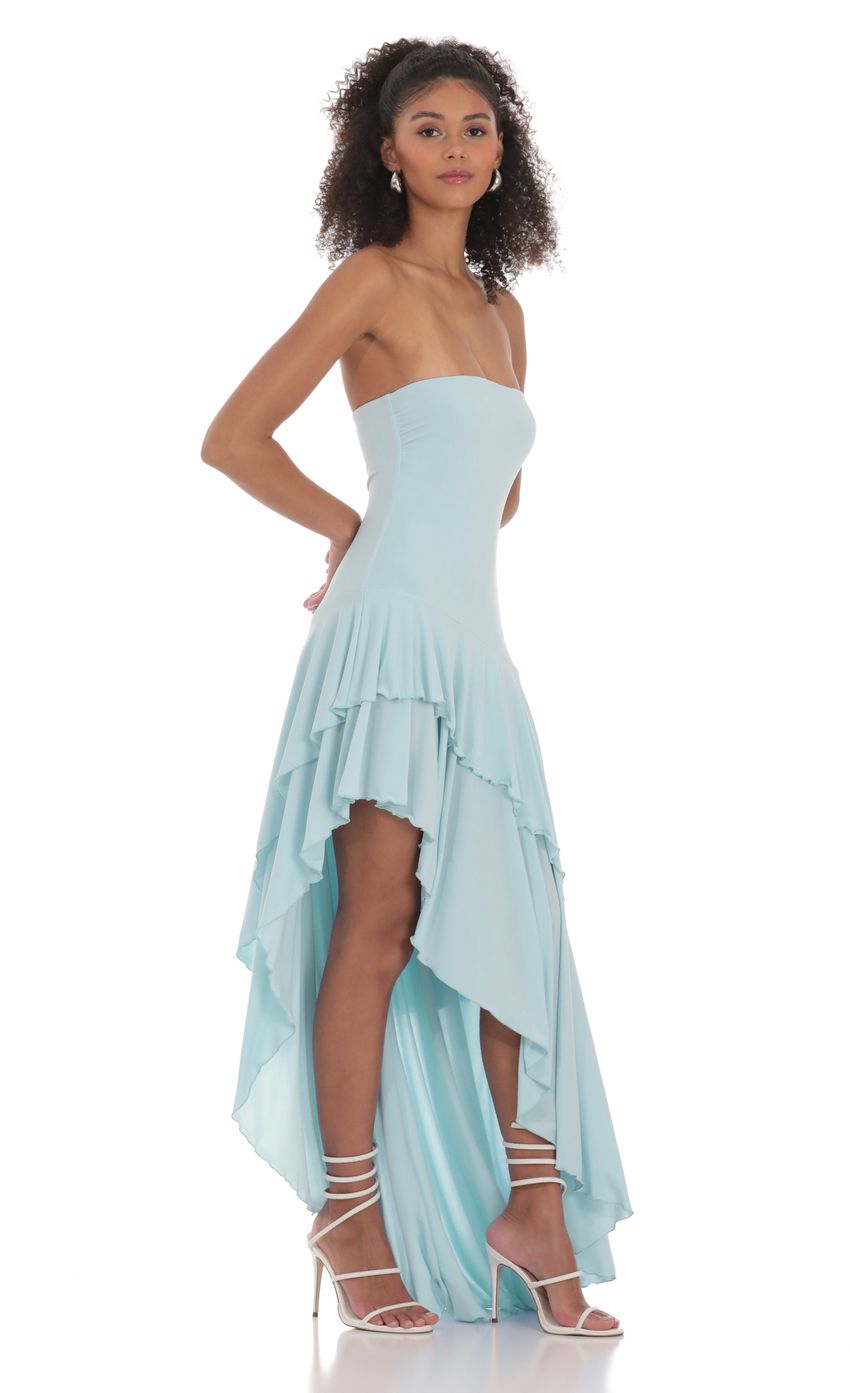 Lucy In The Sky Strapless Ruffle Asymmetrical Maxi Dress in Blue